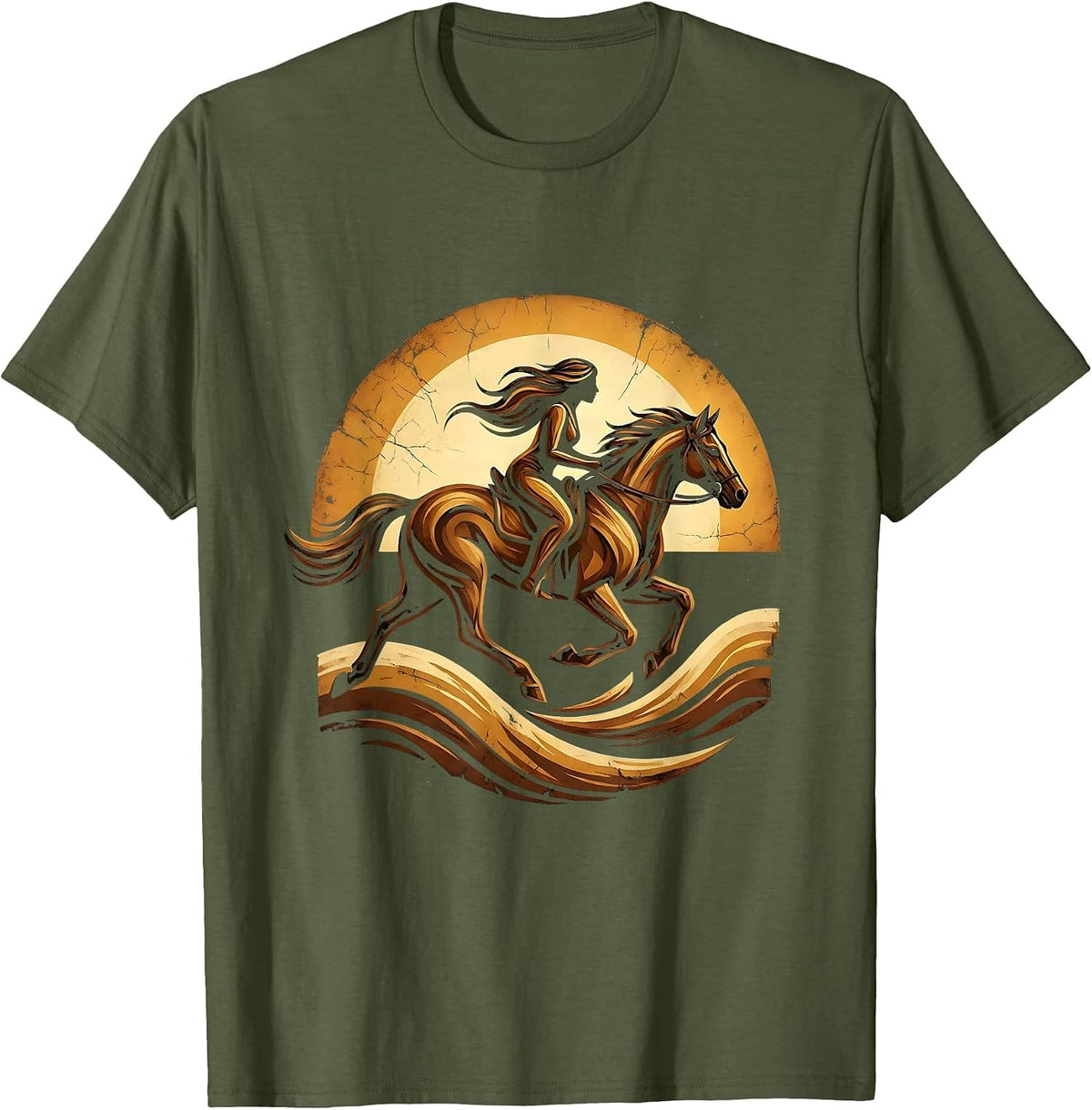 Horse and Rider Galloping Through Ocean Waves T-Shirt - Olive Green
