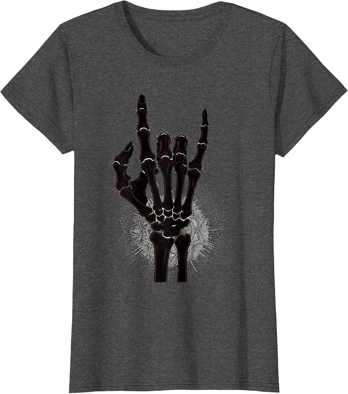 Women's Skeleton Hand Rock and Roll Radiology Sign T-Shirt - Dark Heather Grey