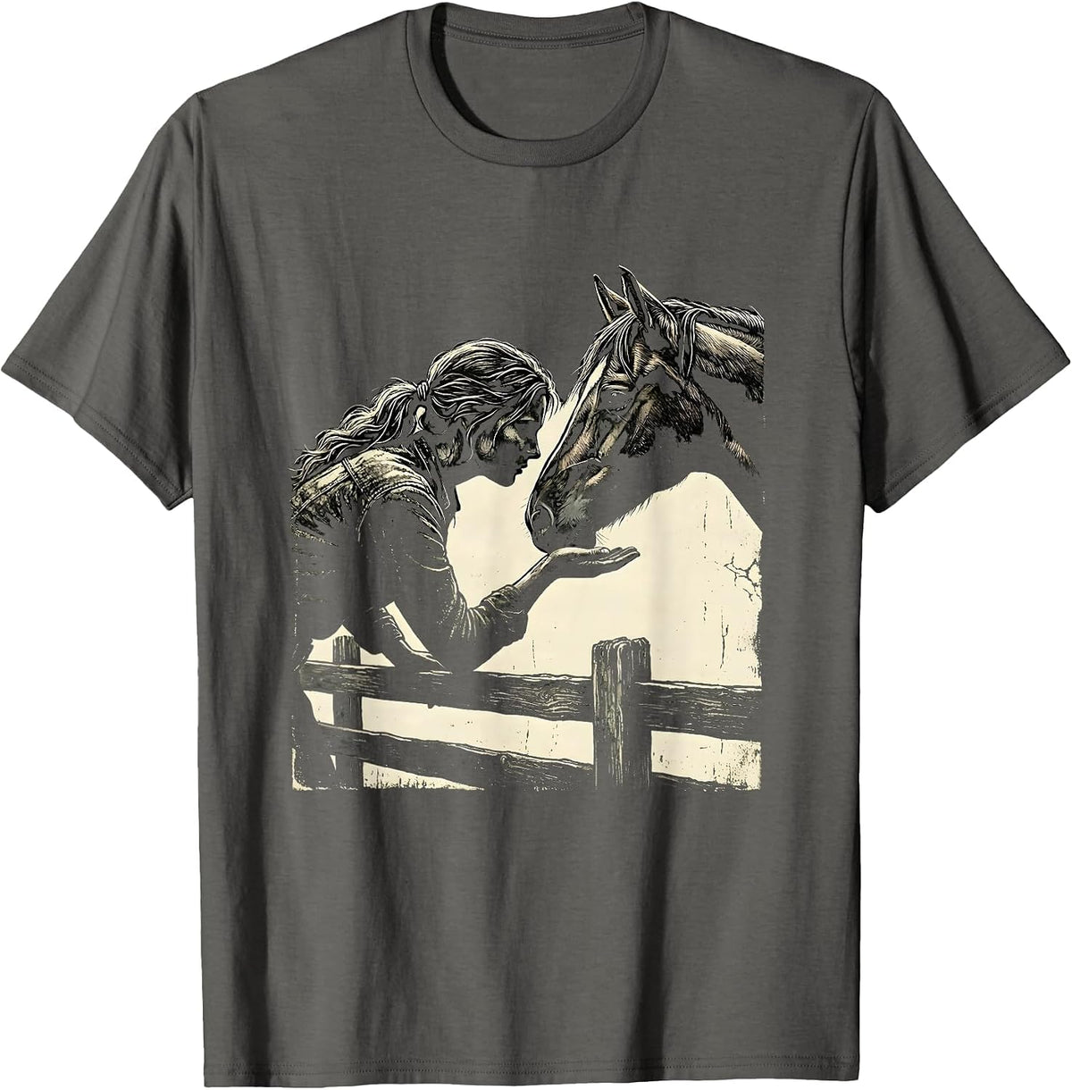 Horse Lover Apple Feeding Over Fence Illustration T-Shirt - Asphalt Grey