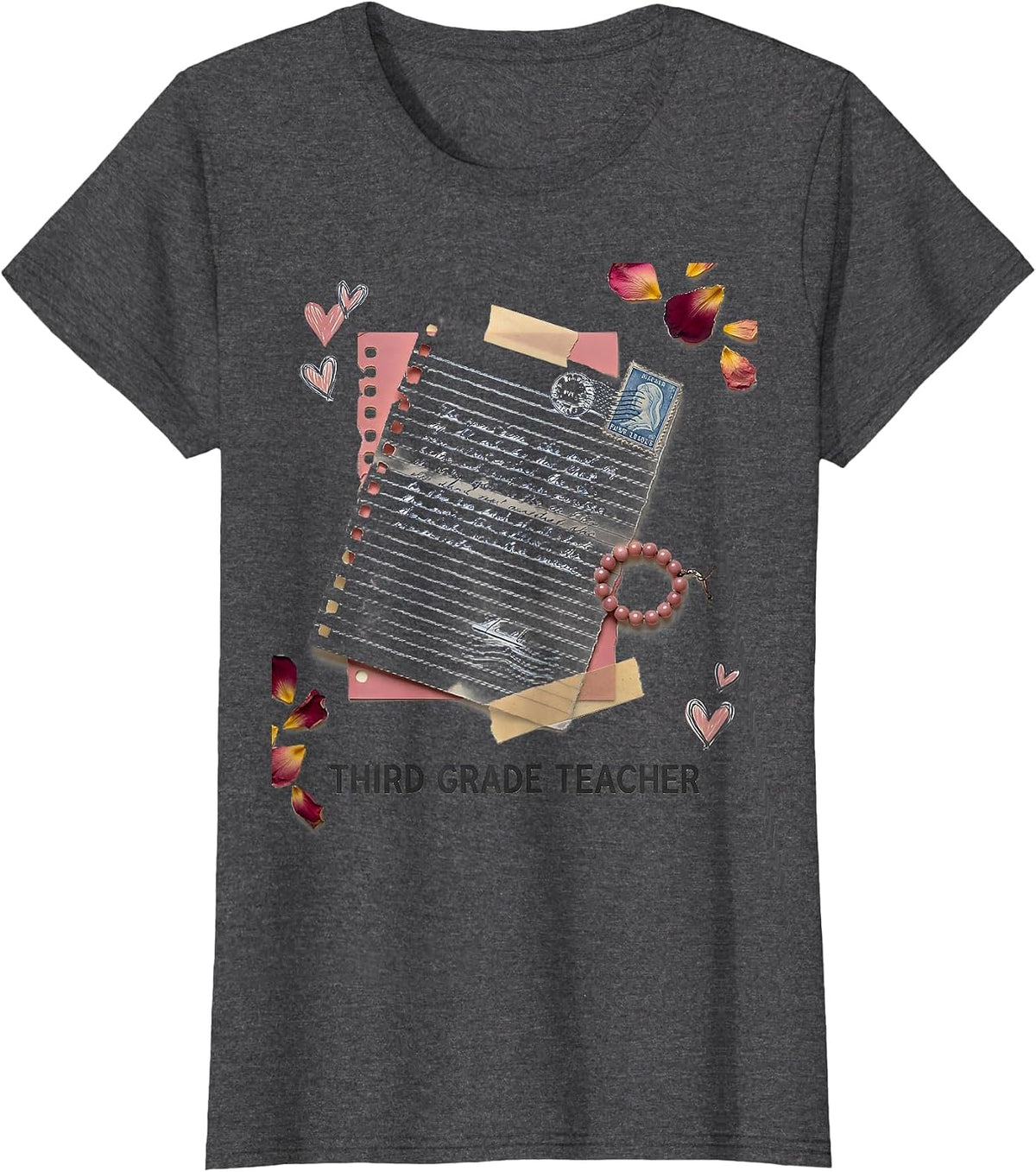Women's Third Grade Teacher Back to School Blue Bow Coquette T-Shirt - Dark Heather Grey