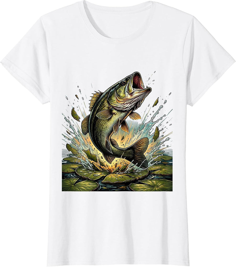 Women's Bass Burst Through Lily Pads Fishing Graphic T-Shirt - White