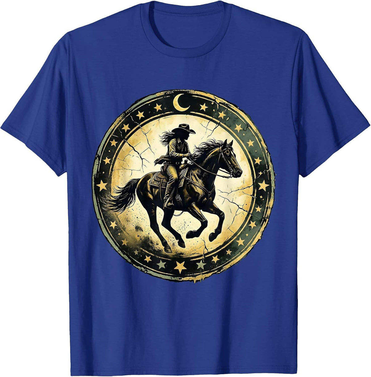 Men's Cowgirl Riding Horse Under Starry Night Sky T-Shirt - Royal Blue