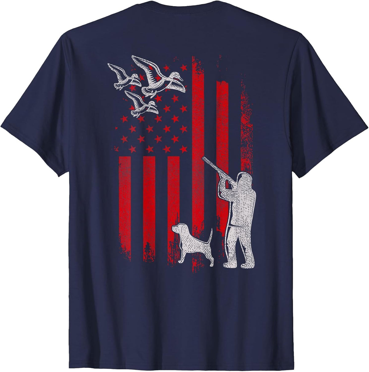Duck Bird Hunter Distressed USA American Flag Hunting Squad T-Shirt - Navy Blue