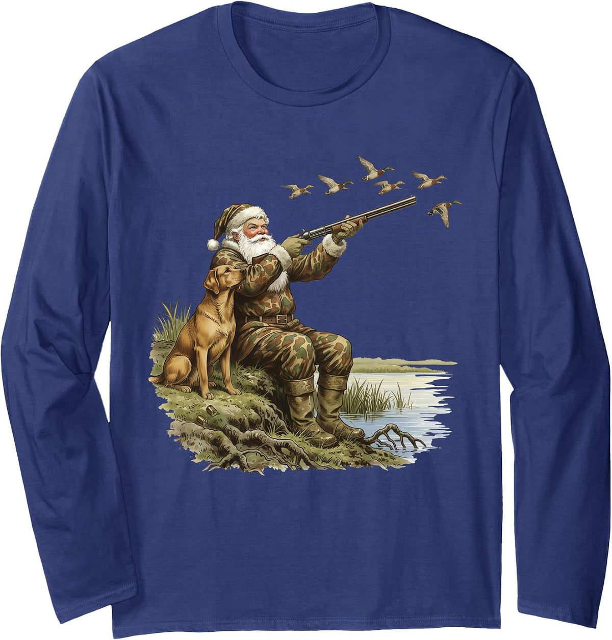 Camo Santa Mallard Duck Hunting Camouflage Christmas Hunter Long Sleeve T-Shirt - Adult Unisex Navy Blue