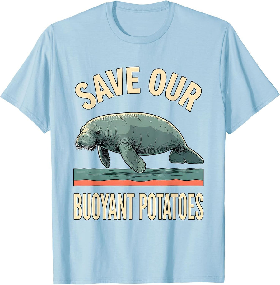 Men's Save Our Buoyant Potatoes Funny Manatee Sea Cow Humor T-Shirt - Baby Blue