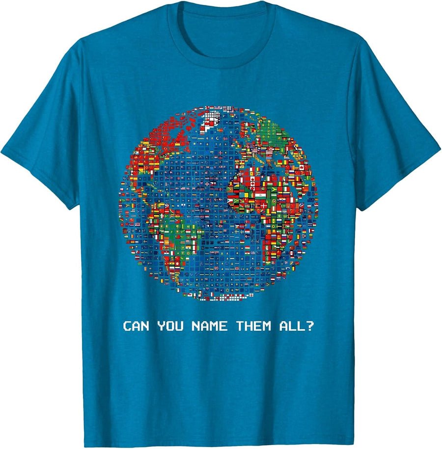 Can You Name Them All? Pixel Art World Flags Geography Lover T-Shirt - Sapphire Blue