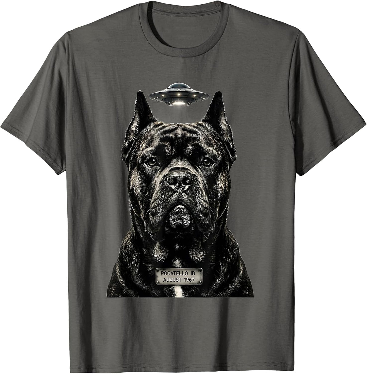 Men's Pocatello ID August 1967 Funny Cane Corso UFO Selfie T-Shirt - Asphalt Grey