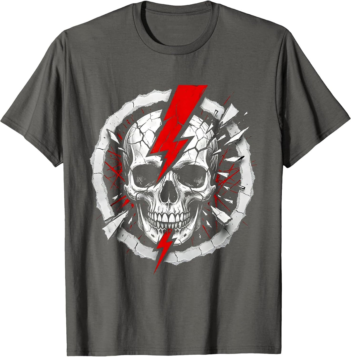 Skull Lightning Bolt Metal Band Graphic Tee T-Shirt - Asphalt Grey