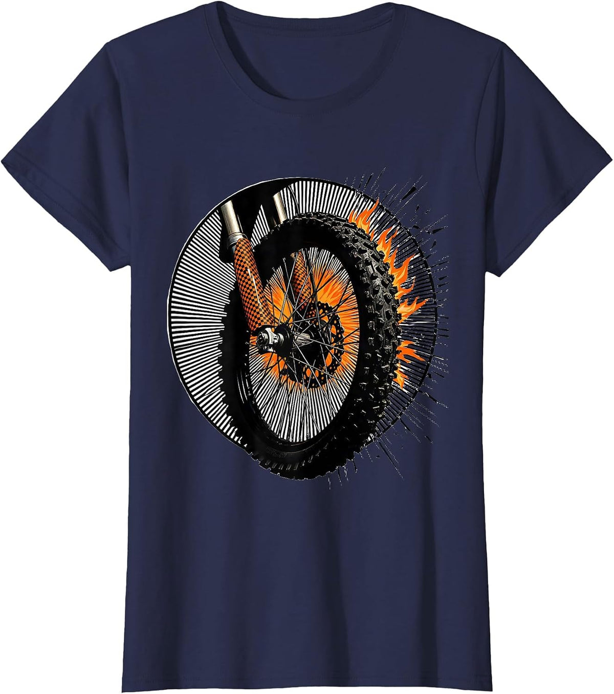 Women's Dirt Bike Wheel Moire Op Art Motocross Rider T-Shirt - Navy Blue