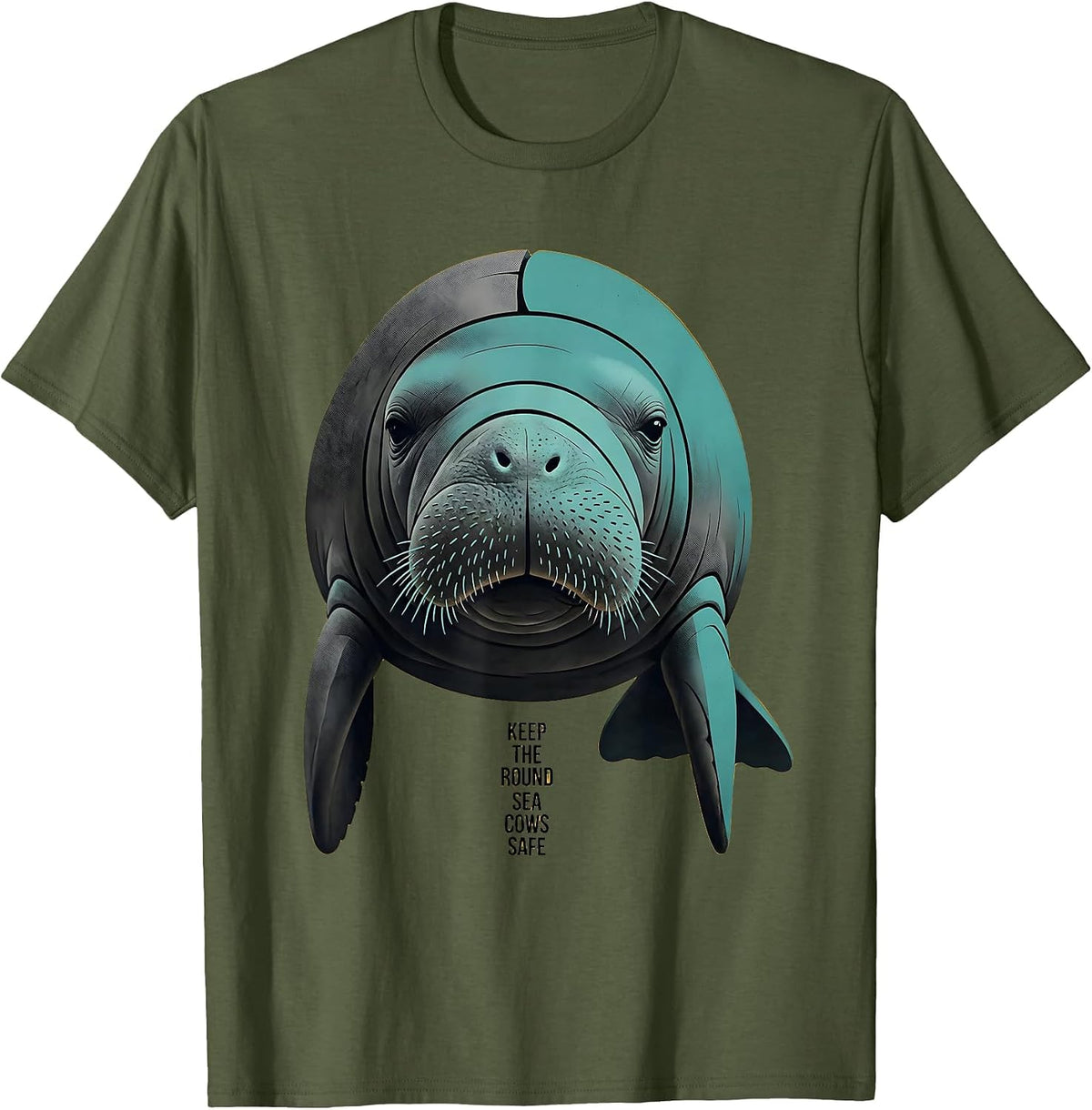 Men's Keep The Round Sea Cows Safe Midcentury Modern Manatee Lover T-Shirt - Olive Green