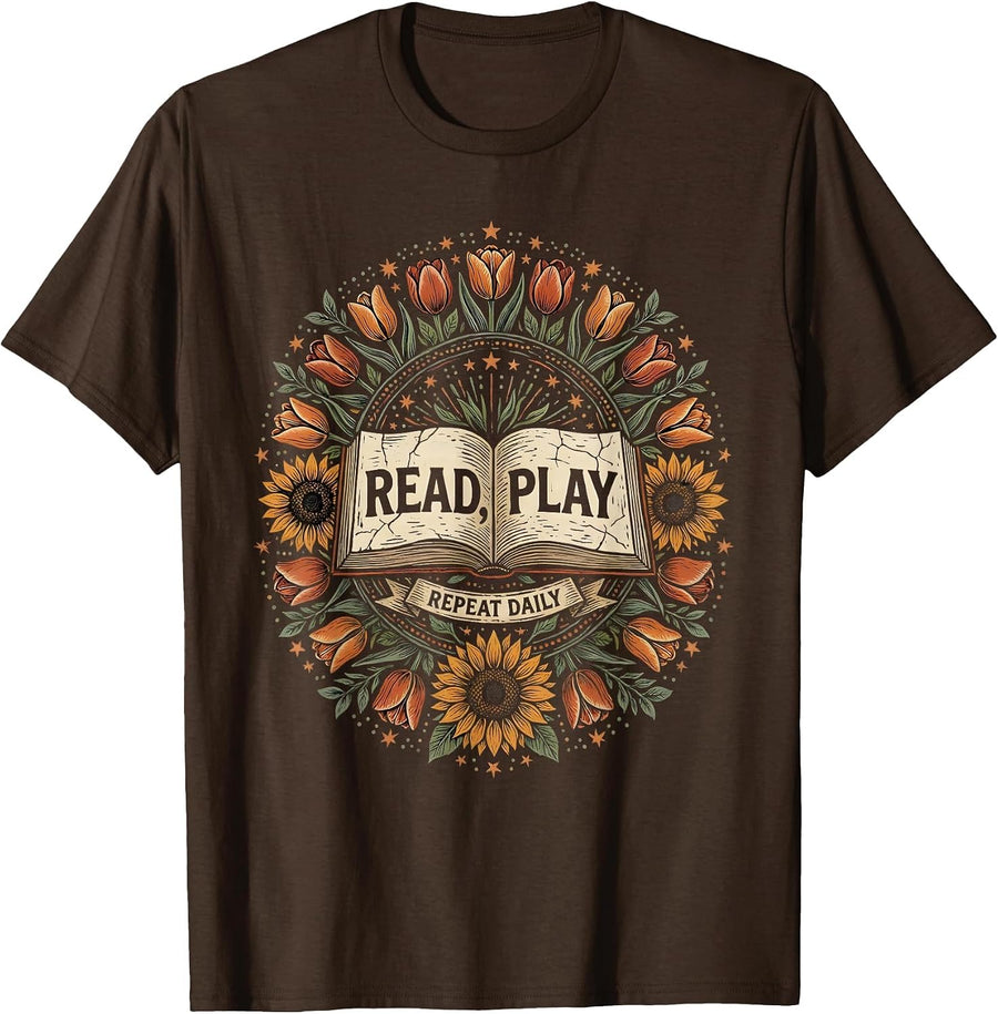 Men's Read Play Repeat Daily Preschool Teacher Design T-Shirt - Brown
