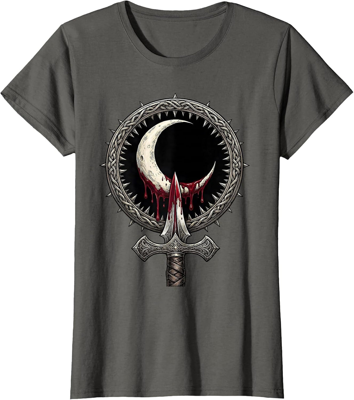 Women's Crescent Moon Blood Dagger Dark Heavy Metal Art T-Shirt - Asphalt Grey