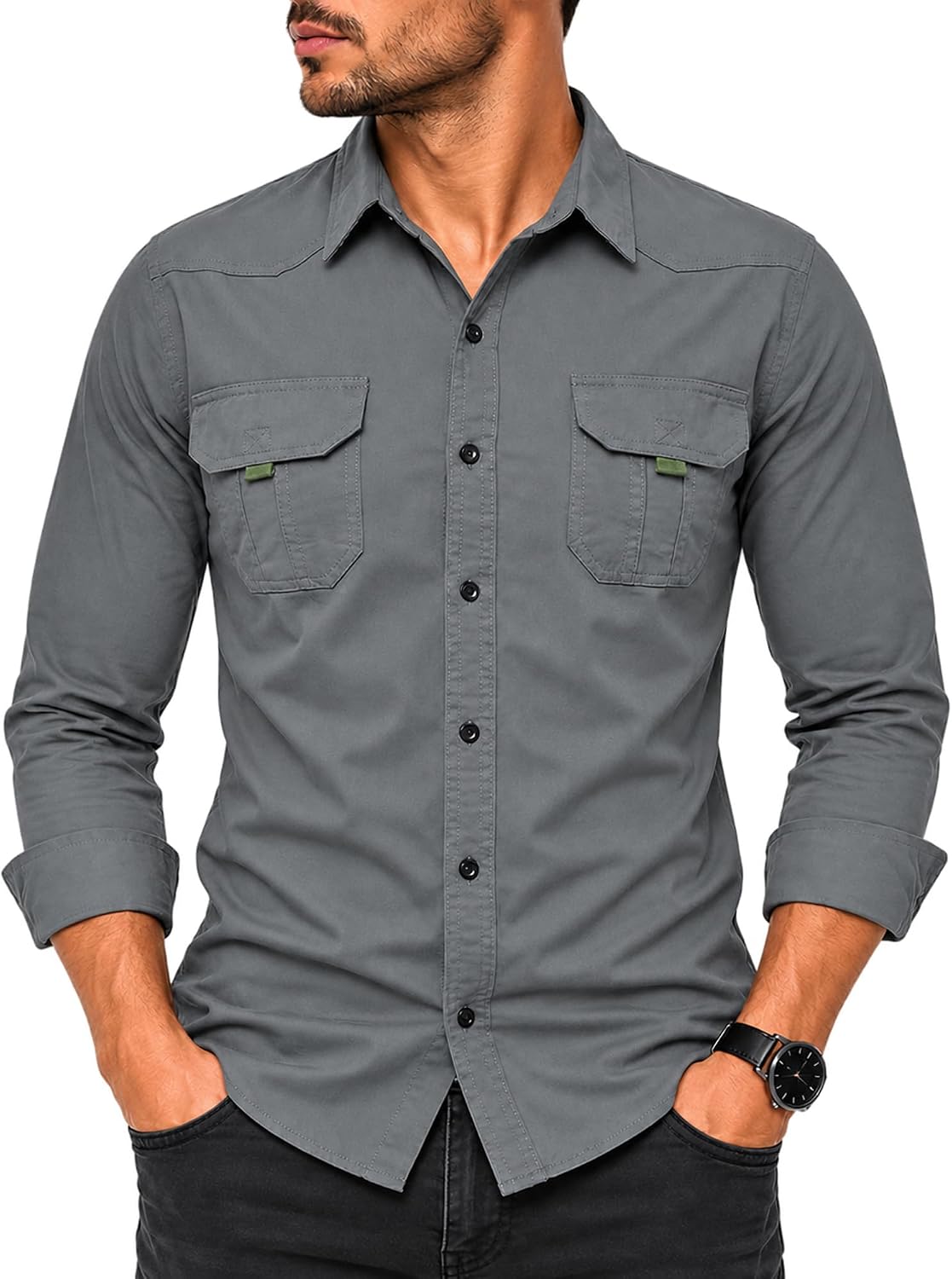 FREDD MARSHALL Men's Long Sleeve Cotton Denim Button-Down Shirt - Grey