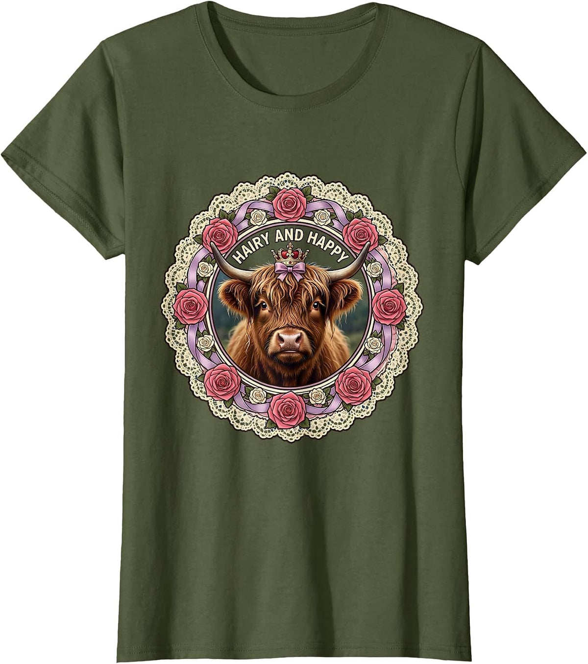 Women's Hairy and Happy Highland Cow Design T-Shirt - Olive Green