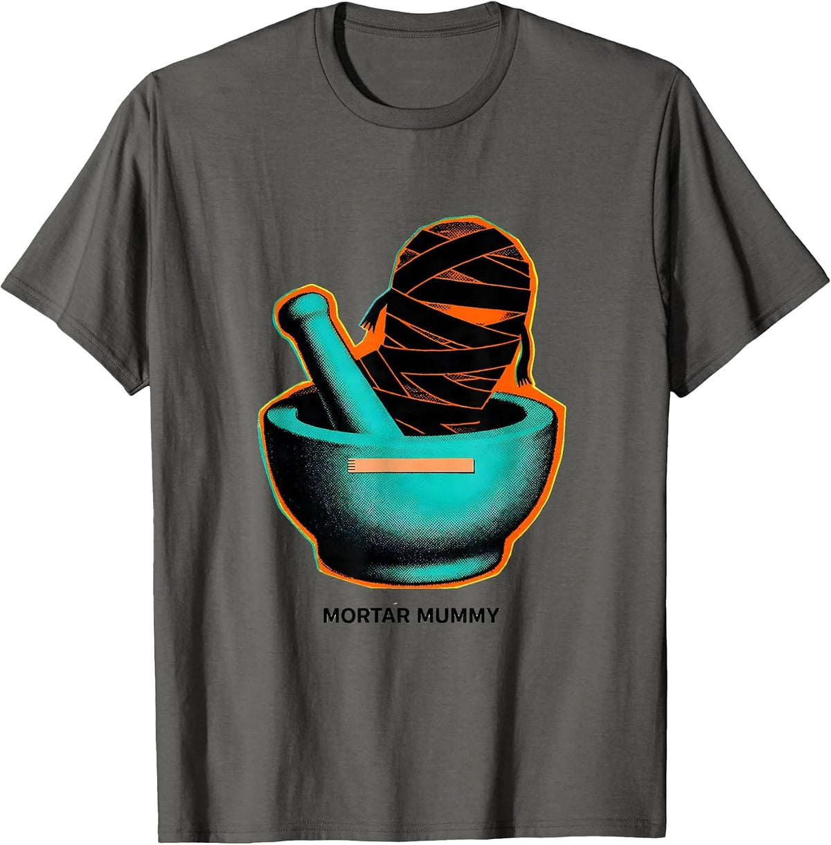Men's Mortar Mummy Risograph Halloween Pharmacy Tech Crew T-Shirt - Asphalt Grey