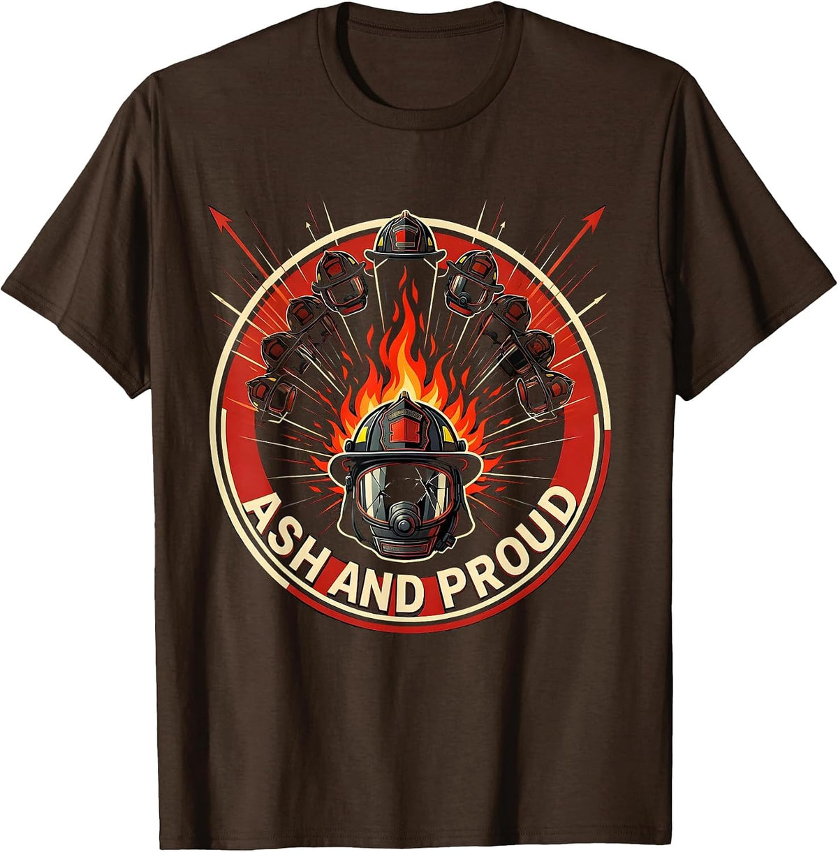Men's Ash and Proud Firefighter Graphic Design T-Shirt - Brown