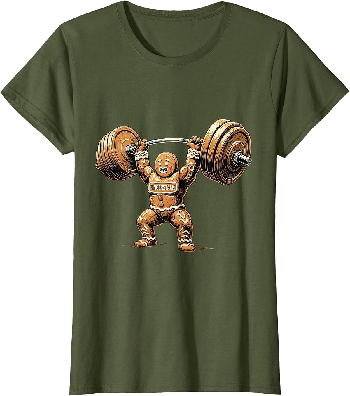 Women's Gingerstack Funny Gingerbread Man Gym Weightlifting T-Shirt - Olive Green
