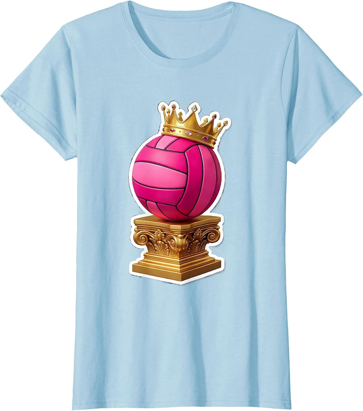 Crowned Pink Volleyball Queen on Throne Design T-Shirt - Baby Blue