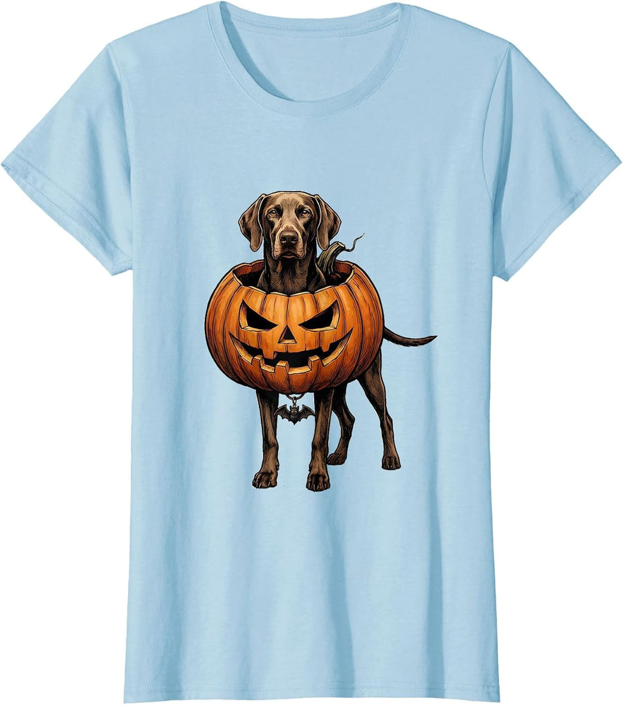 Women's Sleek Weimaraner Hollowed Pumpkin Halloween Dog Lover Humor T-Shirt - Baby Blue