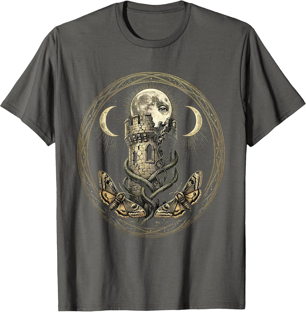 Crumbling Castle Dark Vines Heavy Metal Gothic Art T-Shirt - Asphalt Grey