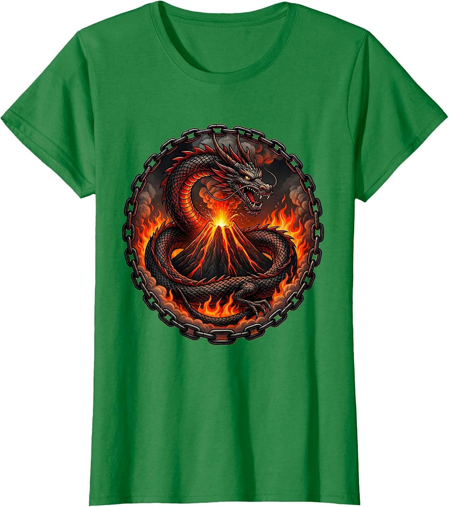 Women's Dragon Volcano Heavy Metal Graphic Tee T-Shirt - Kelly Green