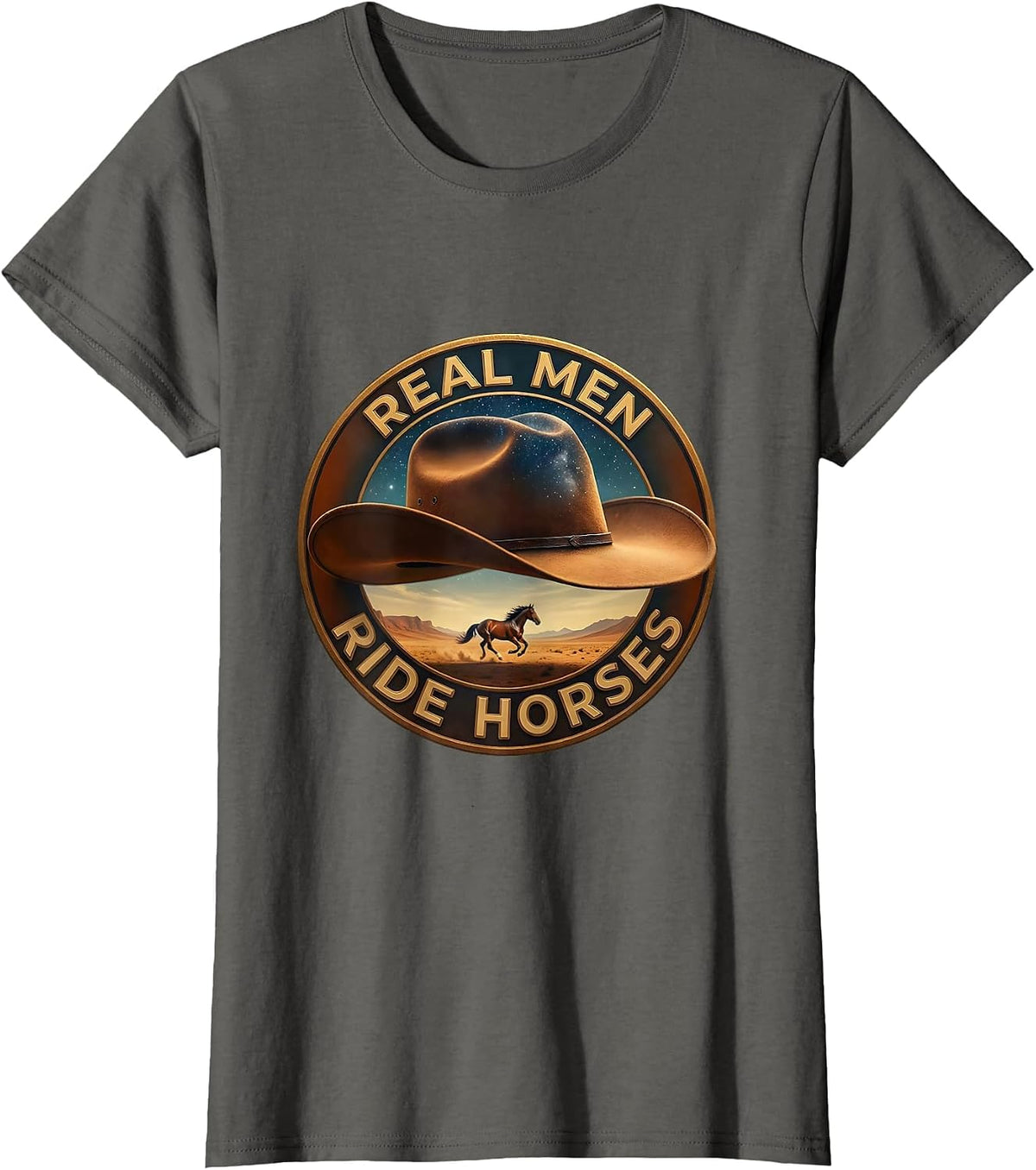 Women's Real Men Ride Horses Cowboy Graphic Design T-Shirt - Asphalt Grey