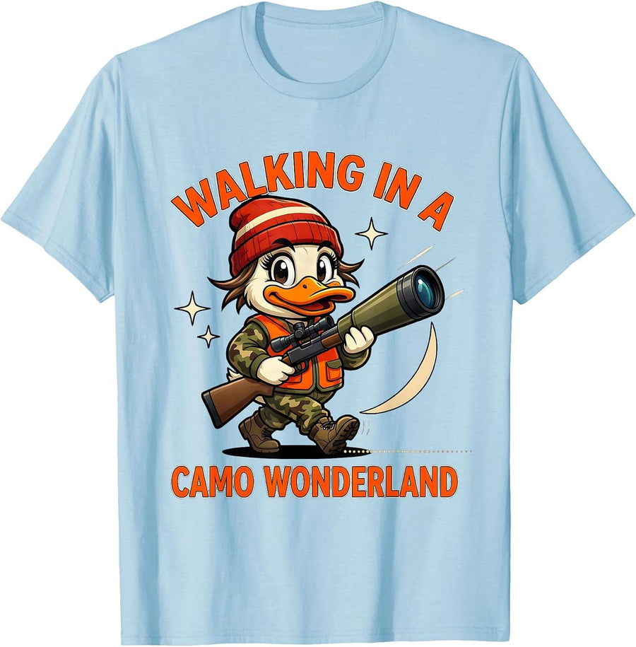 Men's WALKING IN A CAMO WONDERLAND Funny Duck Hunter Christmas T-Shirt - Baby Blue