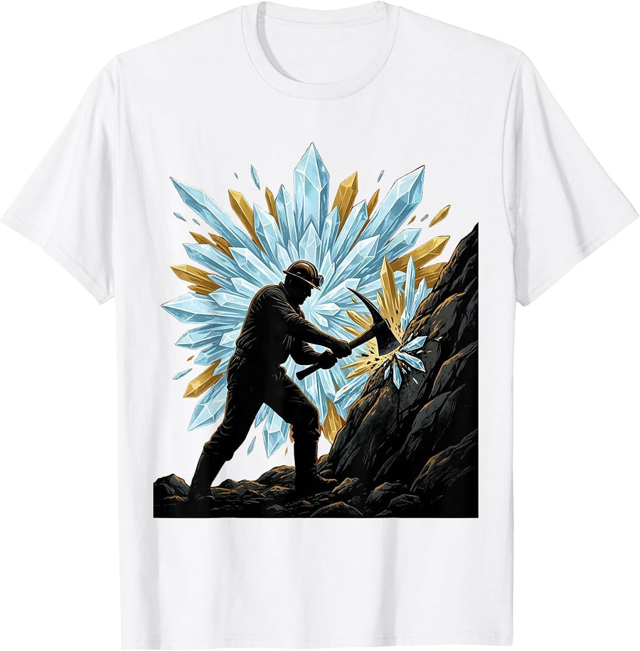 Men's Miner Pickaxe Glowing Crystal Cave Discovery T-Shirt - White