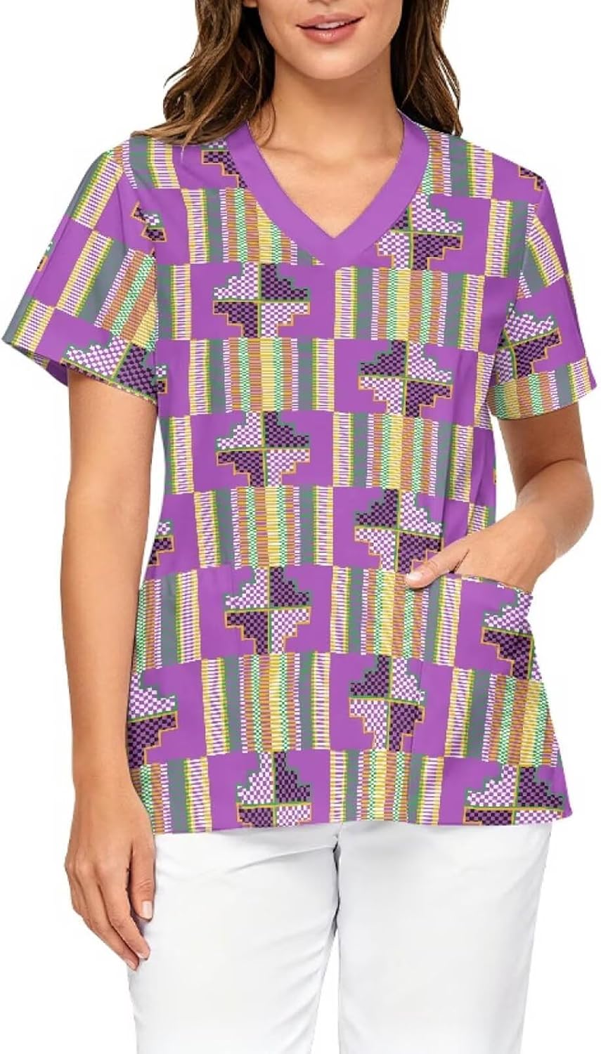 Printed Scrub Top for Women, V Neck Stretch Plus Size Work Uniform - African Kente - Purple Geometric Tribal Prints