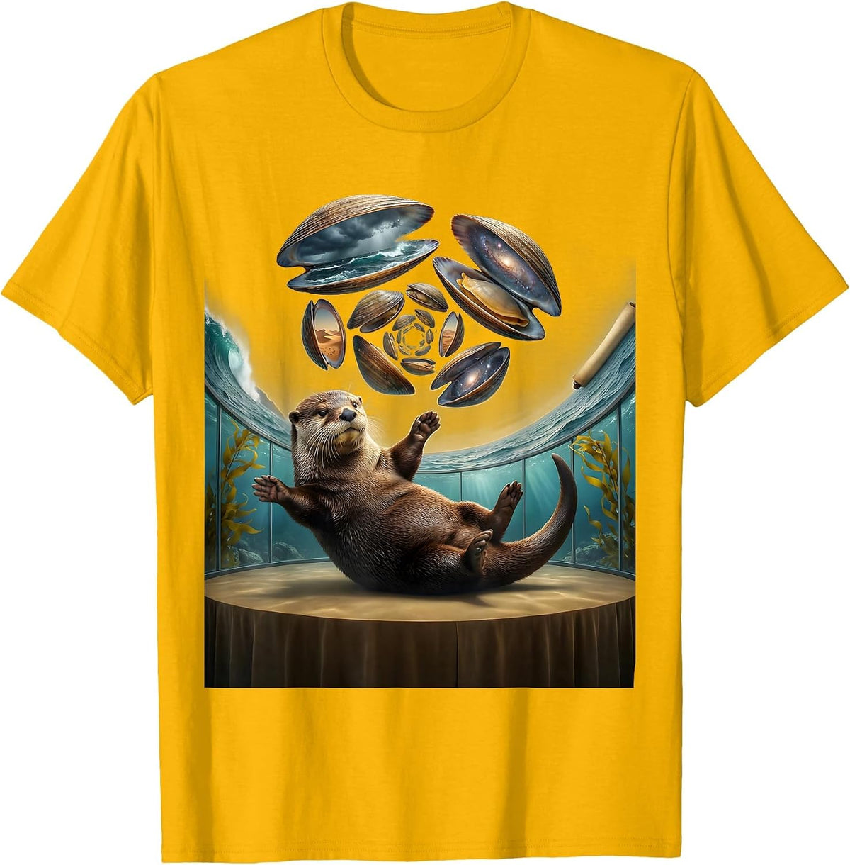 Funny Otter Juggling Clams on Its Belly T-Shirt - Golden Yellow