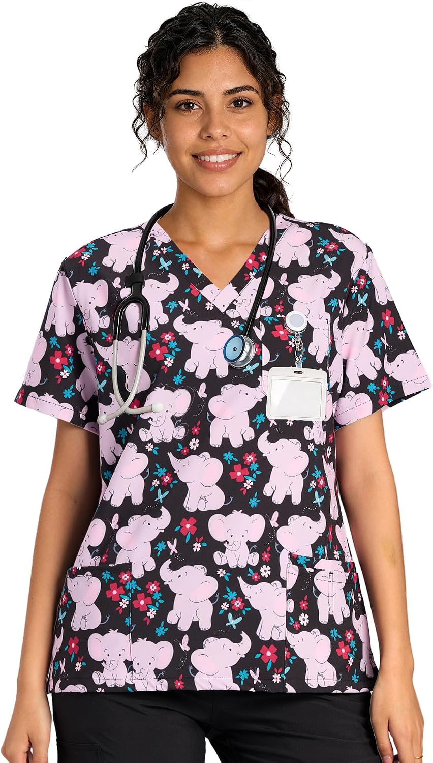 Women's Medical Uniform - V Neck Scrub Tops - Pink Elephant