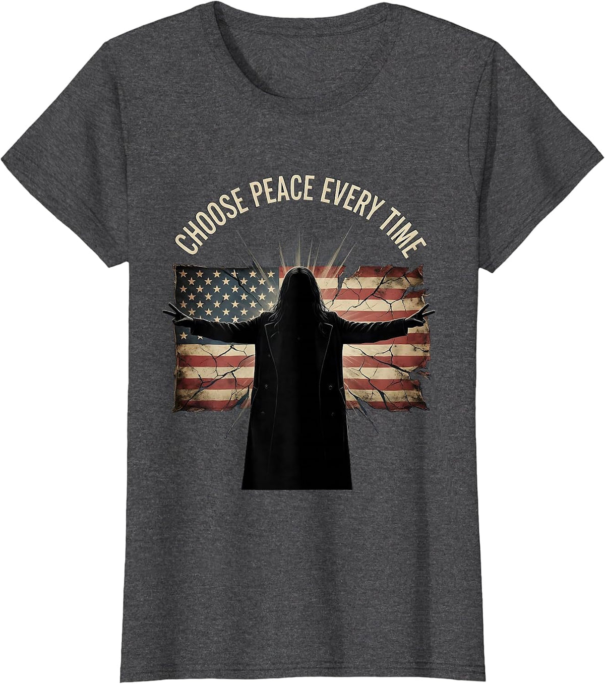 Women's Choose Peace Every Time Hippie Design T-Shirt - Dark Heather Grey
