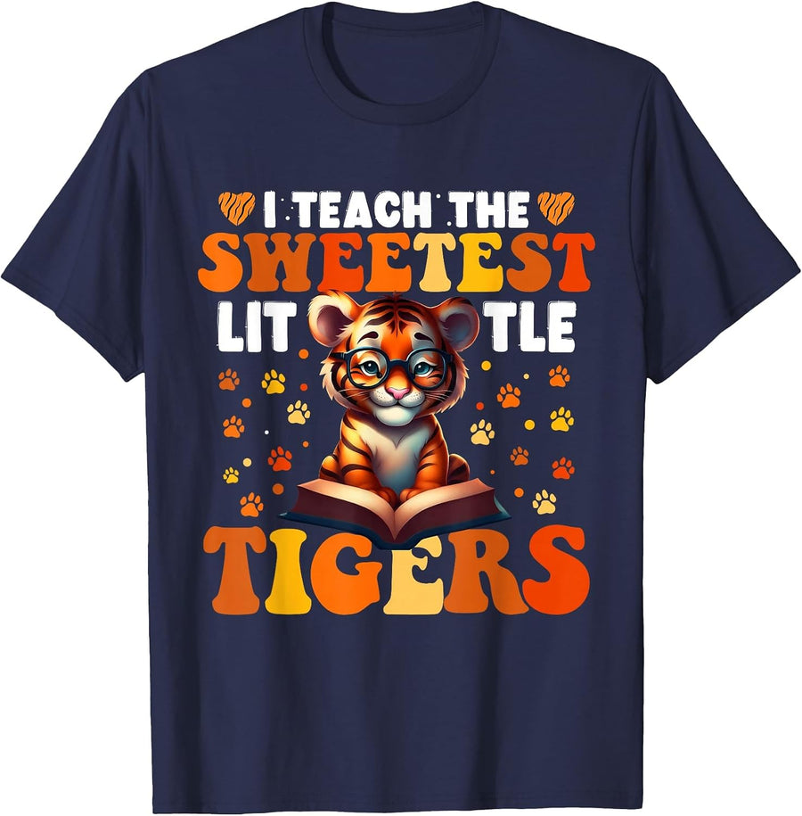 I Teach The Sweetest Little Tigers Groovy Teaching Kids T-Shirt - Navy Blue
