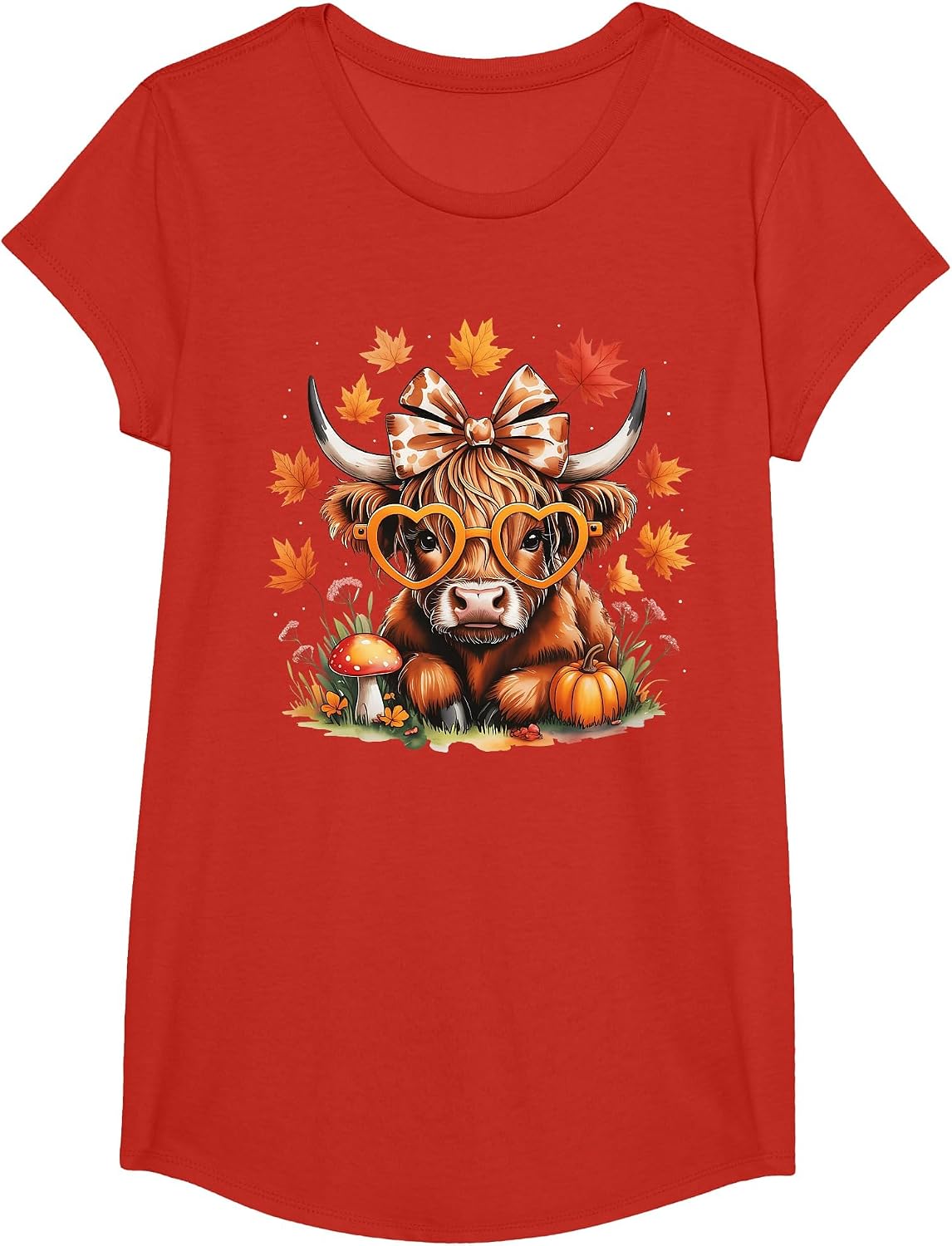 Fall Highland Cow Pumpkin Bow Thanksgiving Fall Girl Women T-Shirt - Girls Red