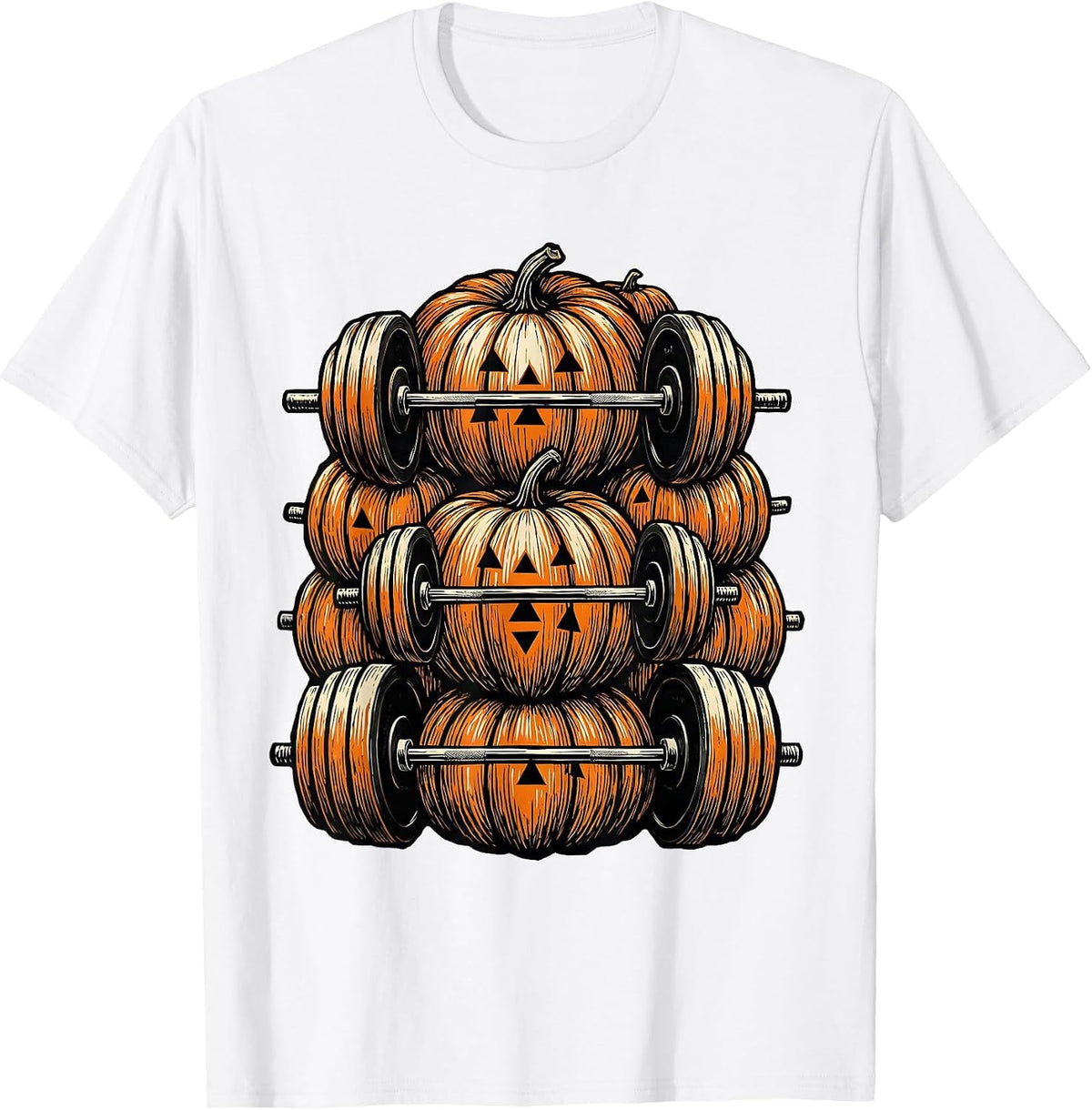 Men's Pumpkin Weightlifting Linocut Halloween Gym Workout T-Shirt - White