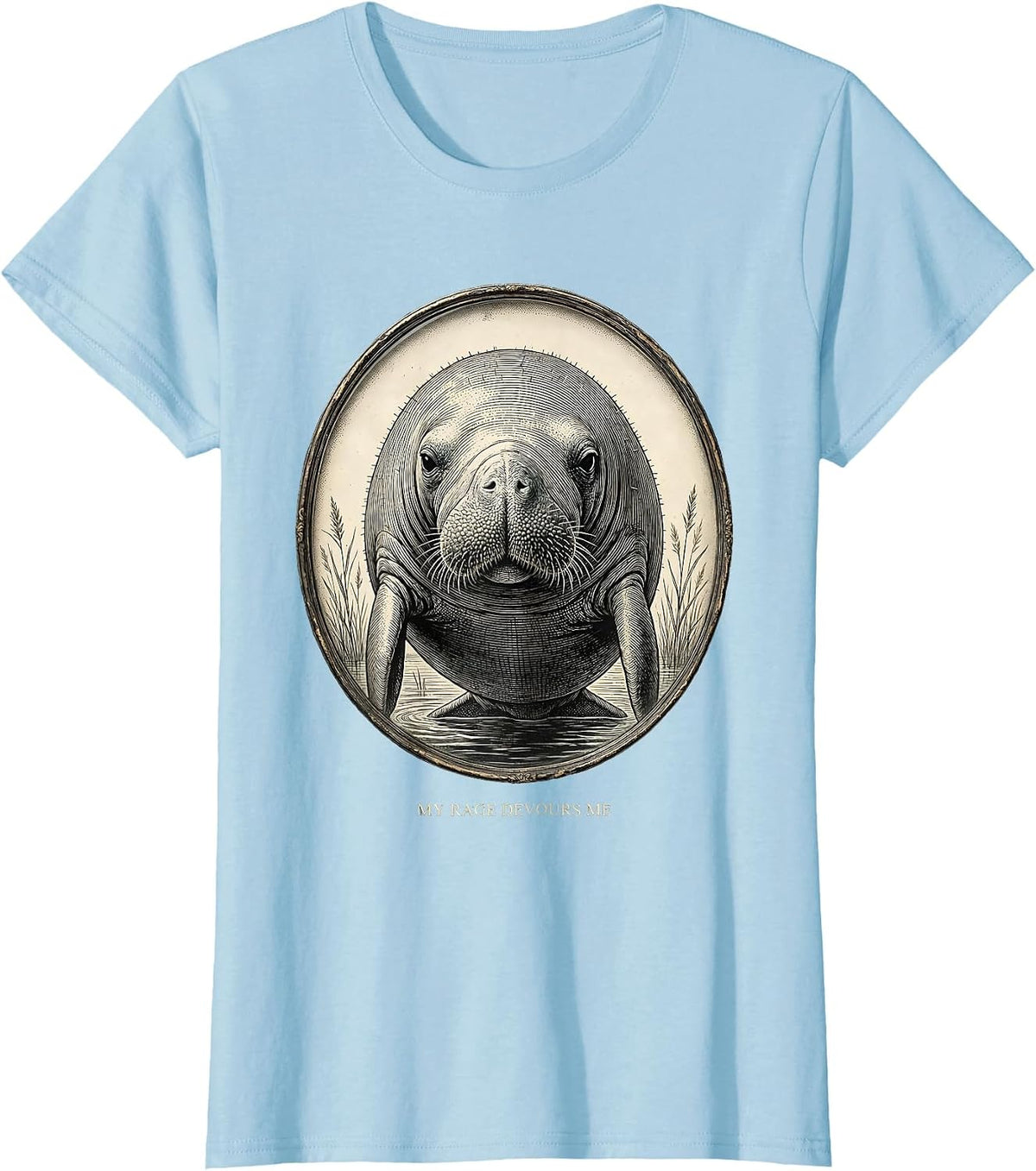 My Rage Devours Me Funny Manatee Ironic Animal Meme Humor T-Shirt - Baby Blue