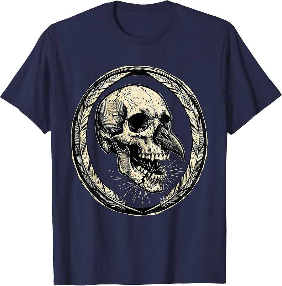 Crow Skull Cracked Beak Dark Gothic Illustration T-Shirt - Navy Blue