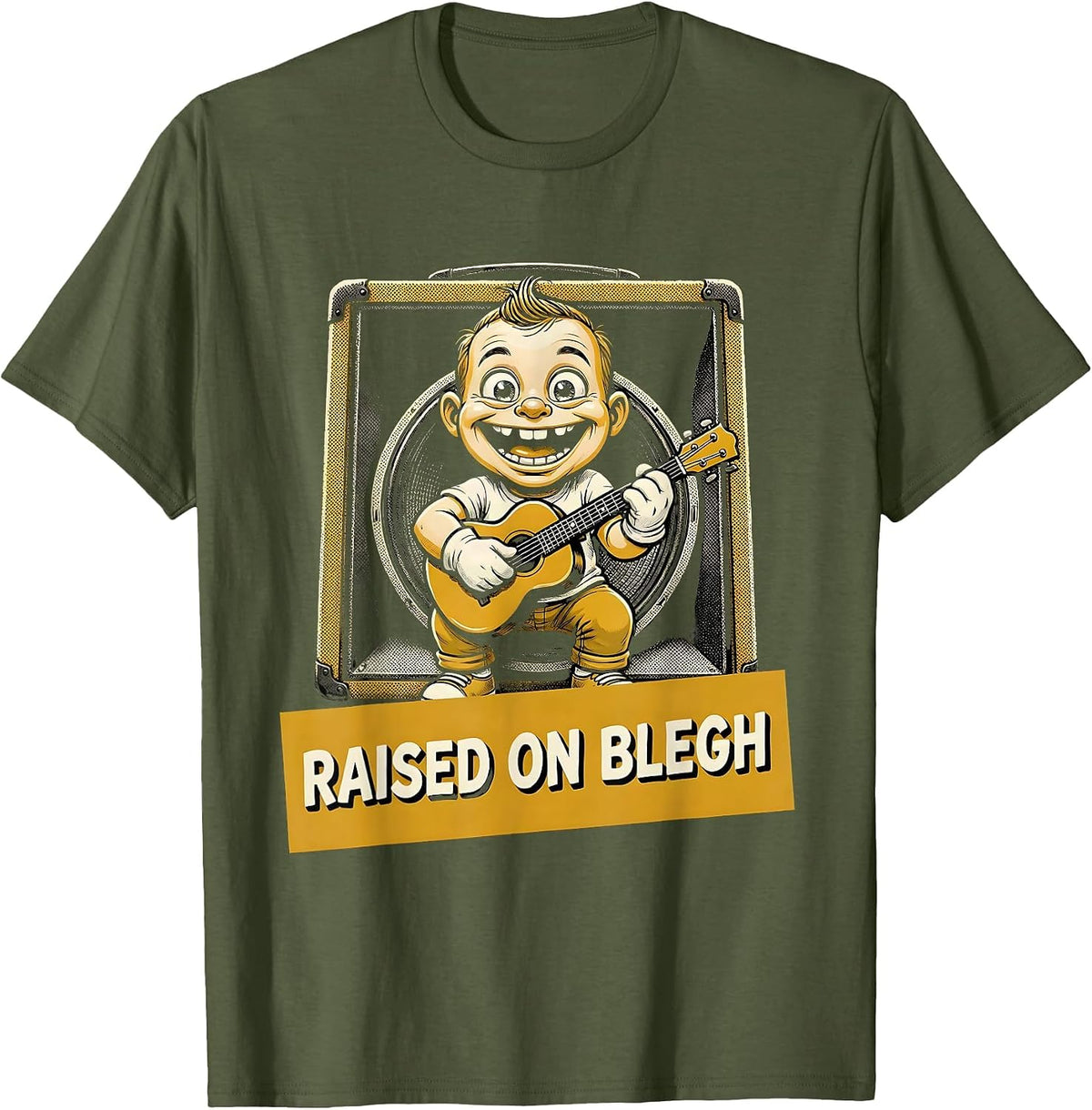 Raised On Blegh Funny Retro Cartoon Heavy Metal Metalhead T-Shirt - Olive Green