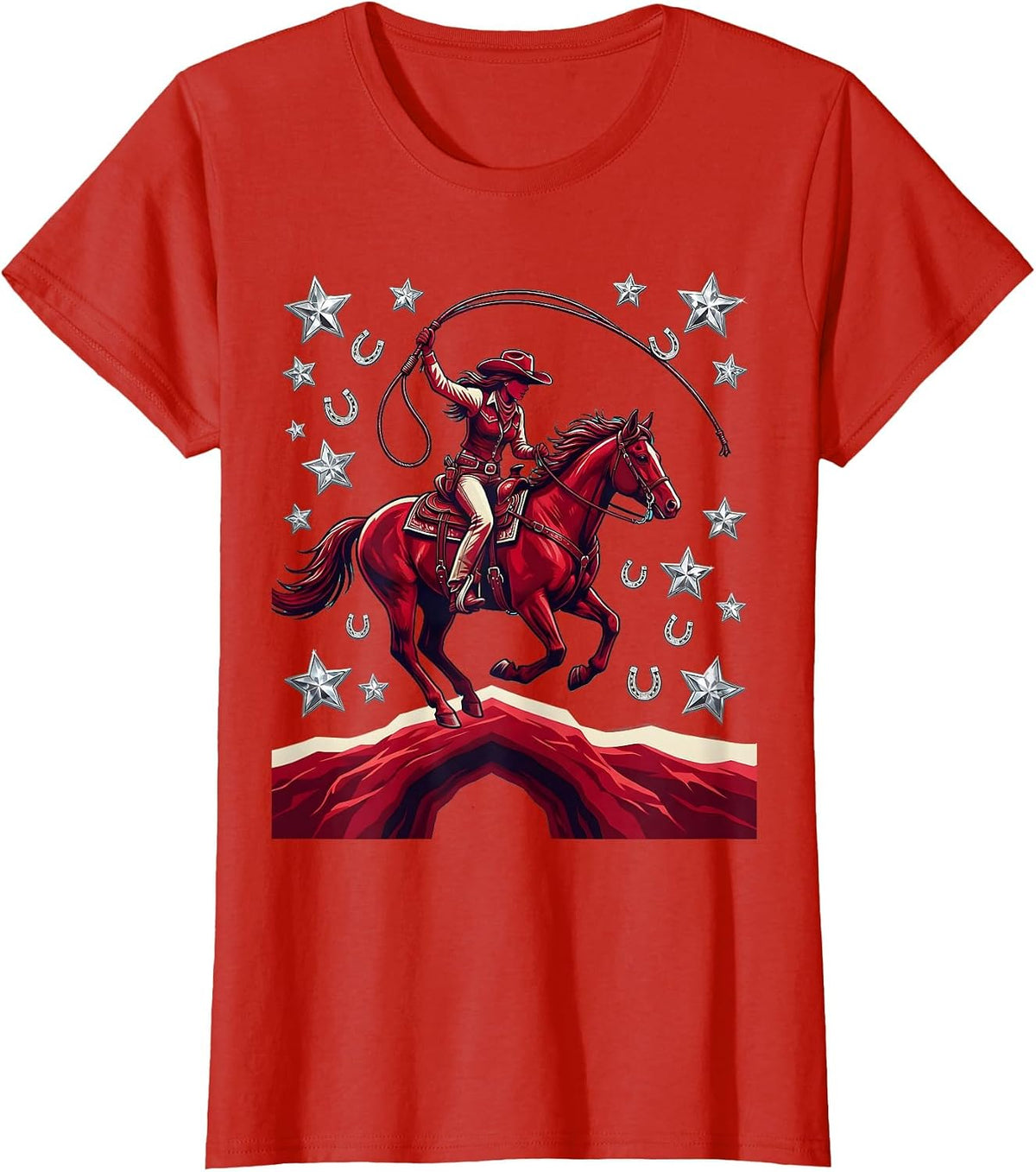 Women's Cowgirl on Horseback Canyon Dust Graphic T-Shirt - Red