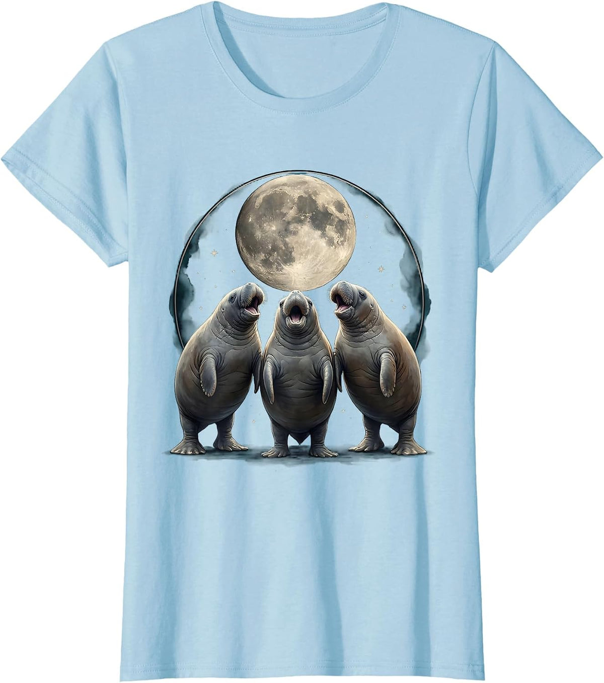 Women's Three Manatees Moon Howling At The Moon Meme Parody T-Shirt - Baby Blue