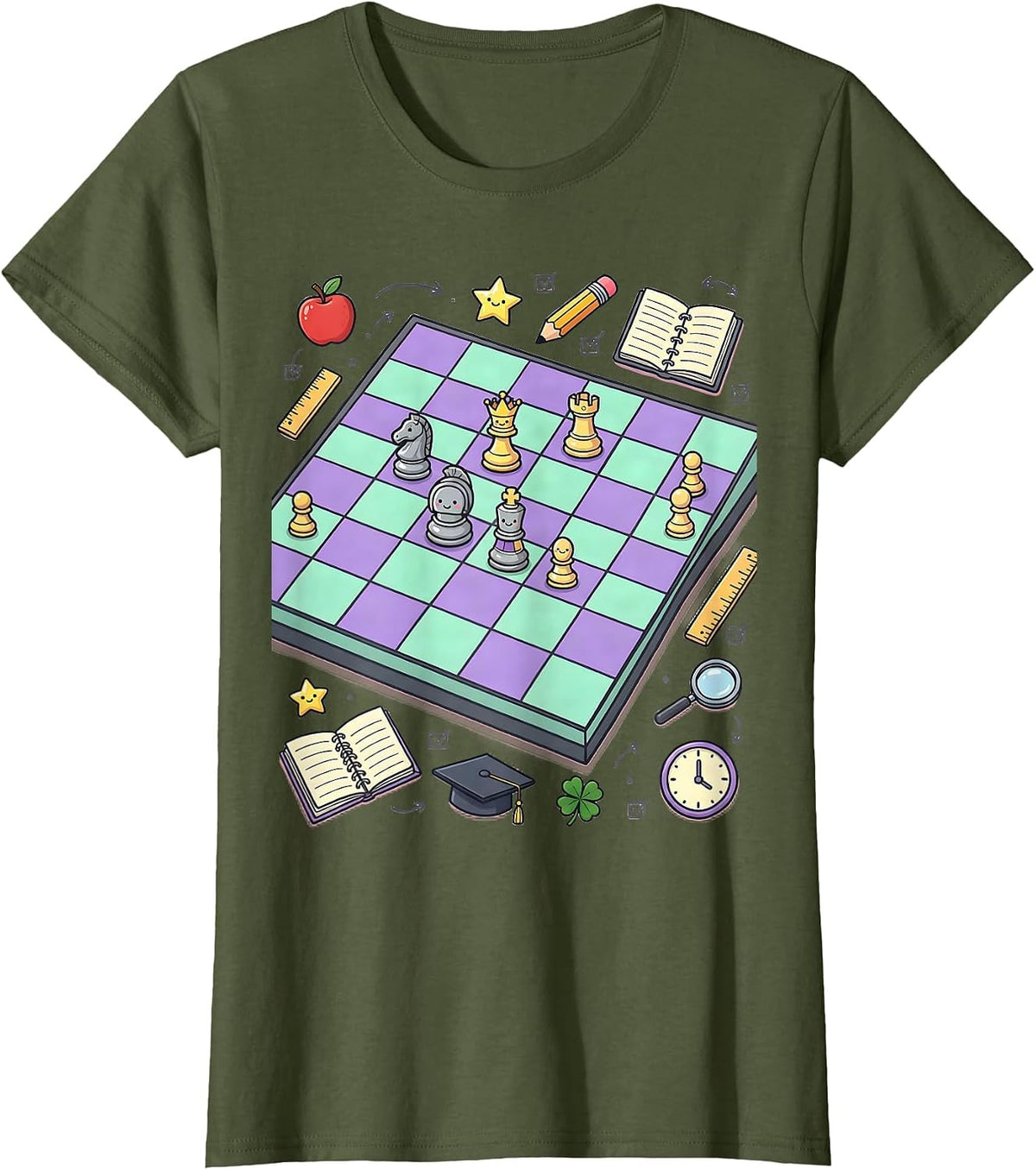 Women's Chess Mid-Game Board Illustration T-Shirt - Olive Green
