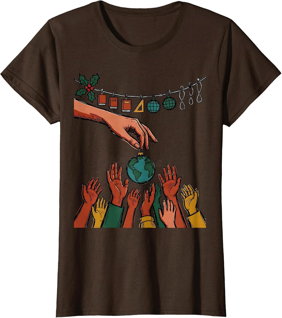 Women's Teacher History Ornament 12 Days Of Christmas Countdown T-Shirt - Brown
