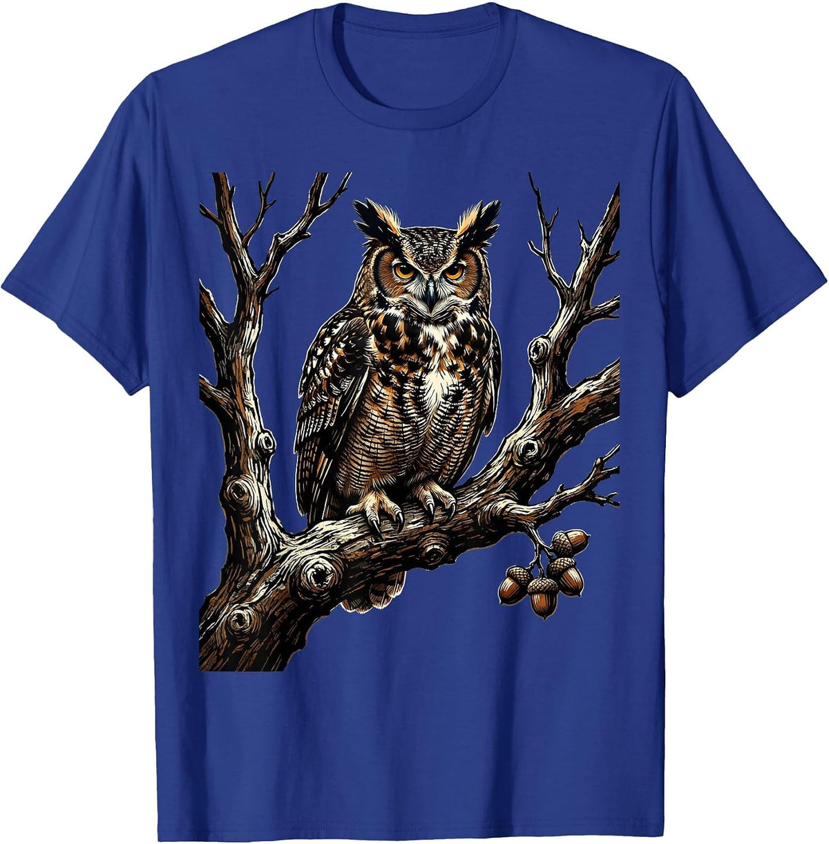 Men's Owl on Bare Oak Branch Fall Nature Illustration T-Shirt - Royal Blue