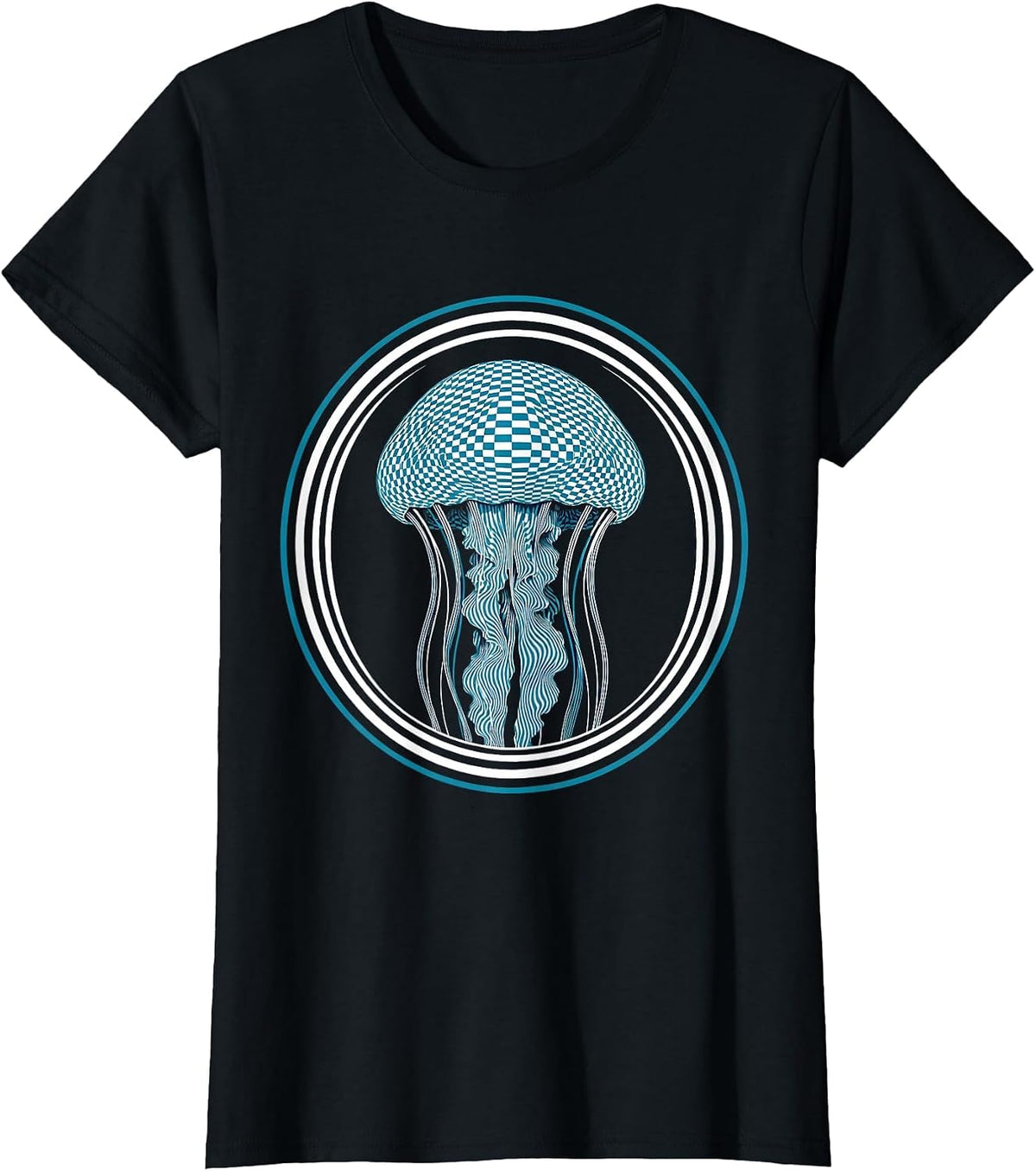 Women's Checkered Jellyfish Deep Ocean Graphic Design T-Shirt - Black