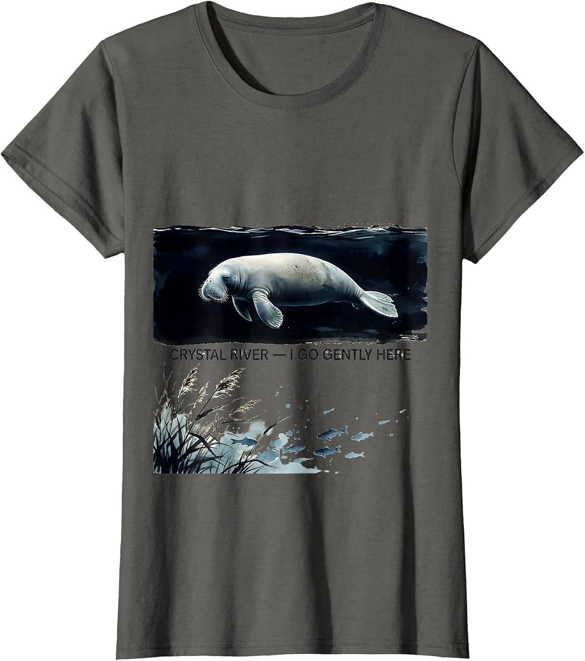 Women's Crystal River I Go Gently Here Cute Manatee Florida Souvenir T-Shirt - Asphalt Grey