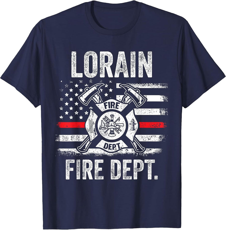 Lorain Ohio Fire Department Thin Red Line Fireman T-Shirt - Navy Blue