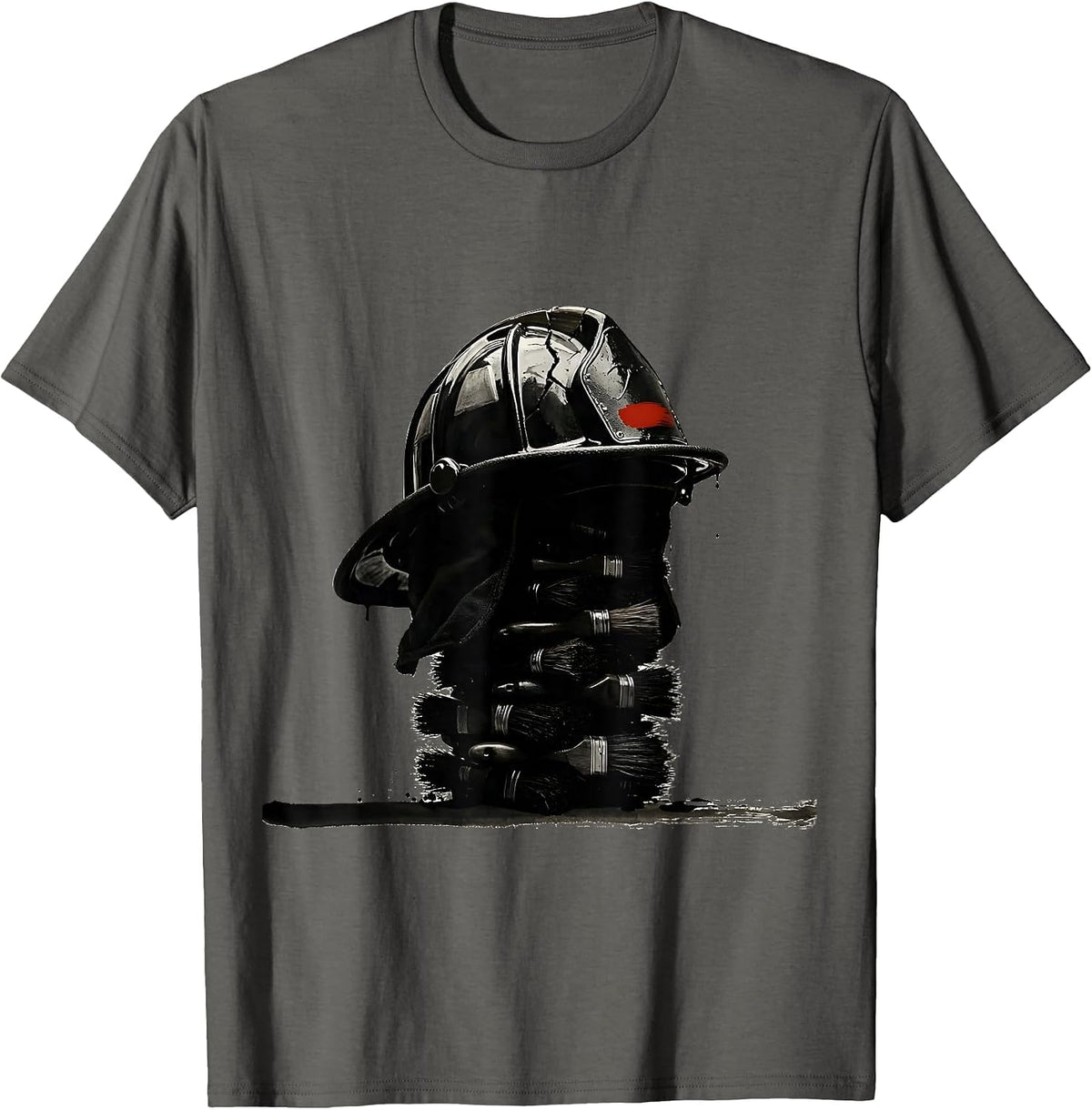 Fire Helmet Ink Brush Firefighter Pride Art T-Shirt - Asphalt Grey