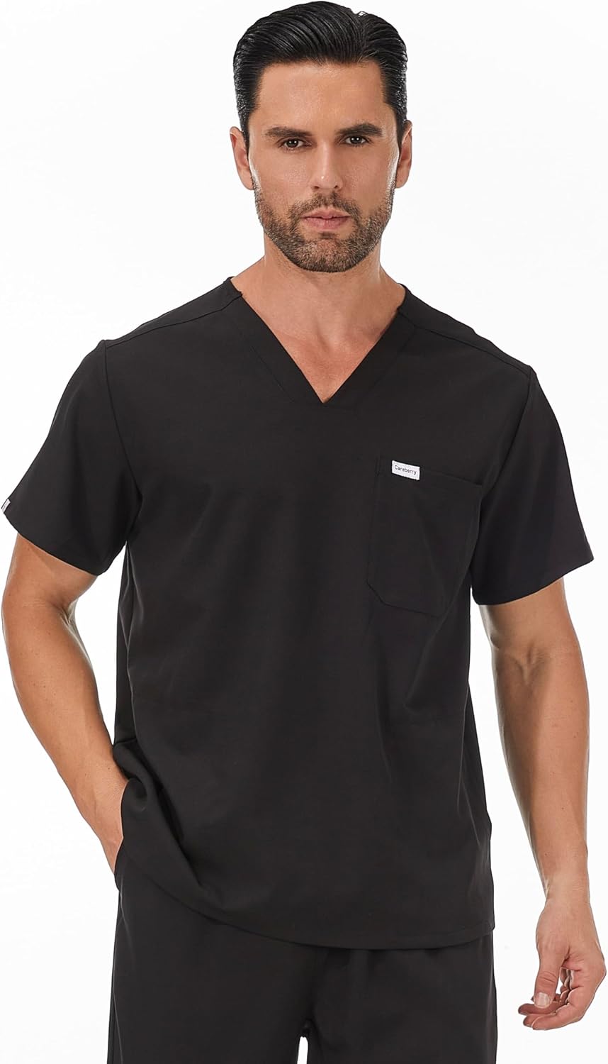 Premium Men's V-Neck Short Sleeve Scrub Top - Black