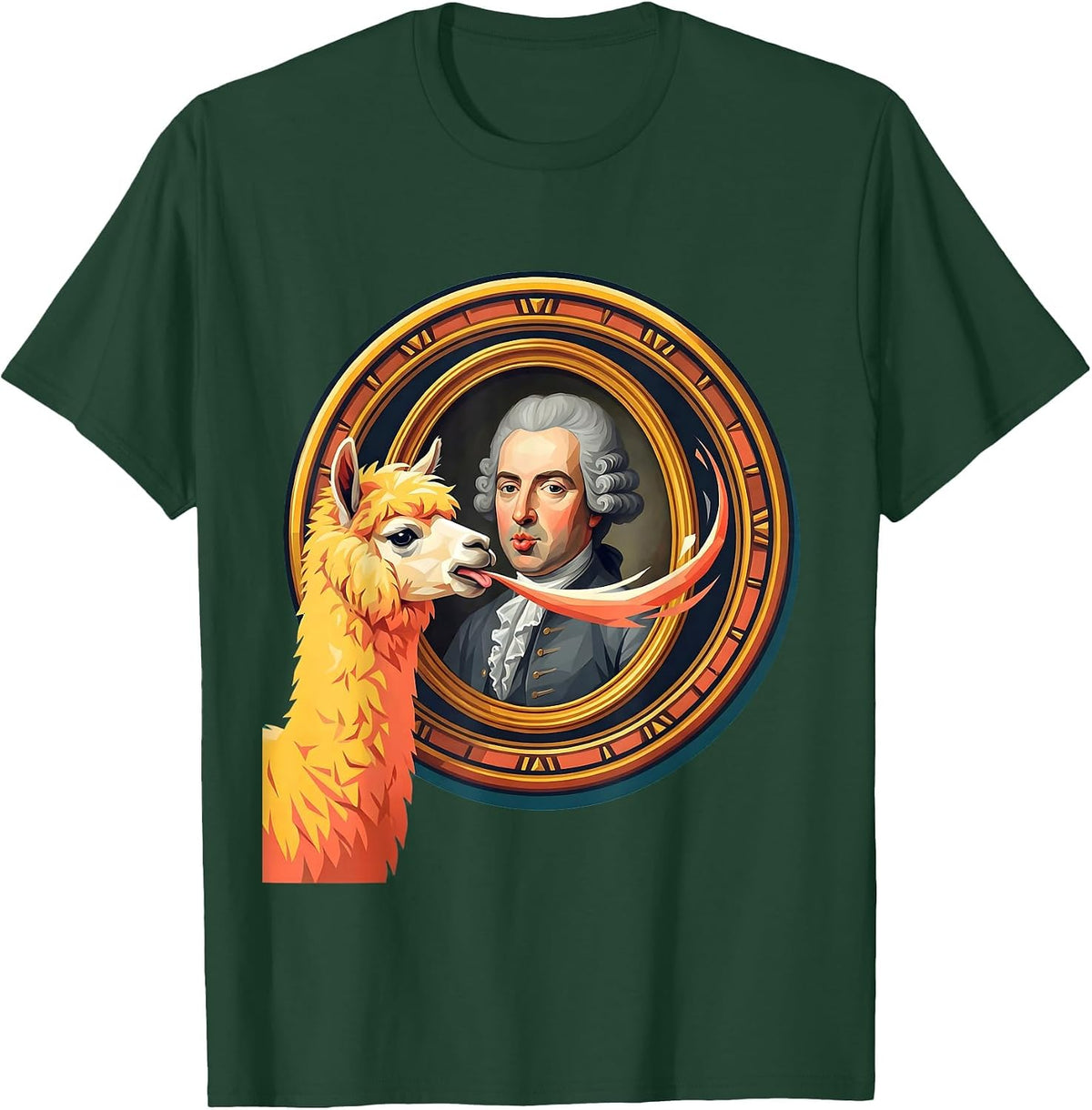 Llama Spitting on a Formal Portrait Painting T-Shirt - Dark Green