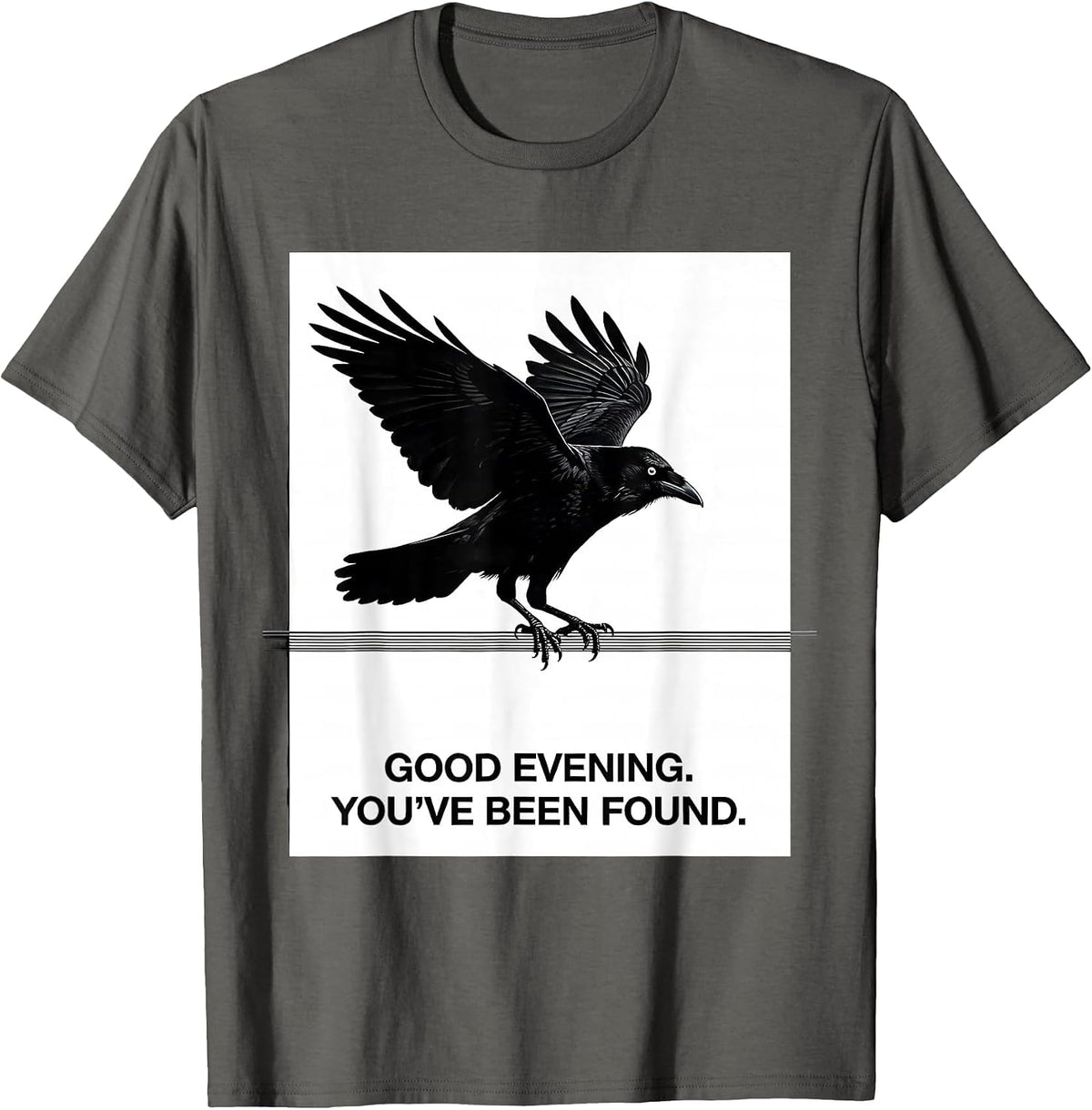 Good Evening You've Been Found Funny Crow Raven Dark Humor T-Shirt - Asphalt Grey